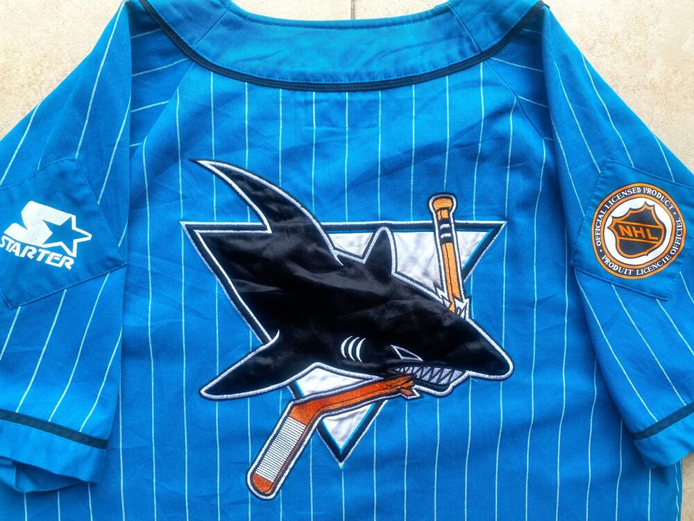San Jose Sharks 90s STARTER Baseball jersey M teal Pinstripe NHL hockey vintage
